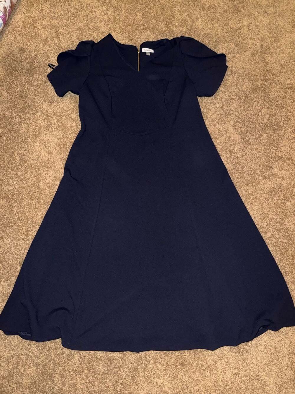 Calvin Klein Navy Short Sleeve Ruffled V-Neck Fit & Flare Midi Dress